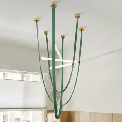 Modern red leather and brass led minimalist chandelier living room