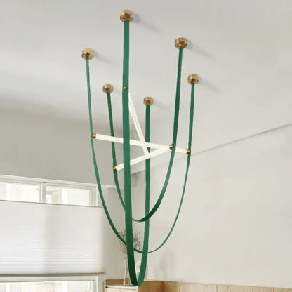Modern red leather and brass led minimalist chandelier living room