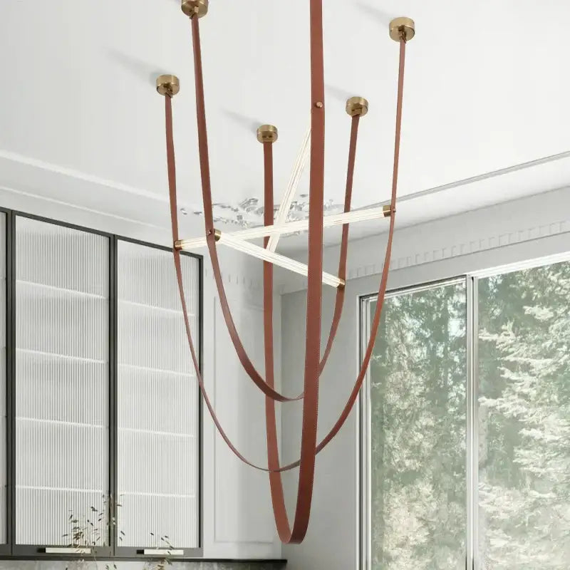 Modern red leather and brass led minimalist chandelier living room