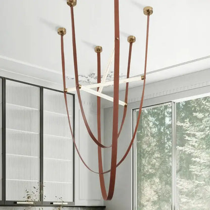 Modern red leather and brass led minimalist chandelier living room