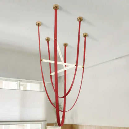 Modern red leather and brass led minimalist chandelier living room