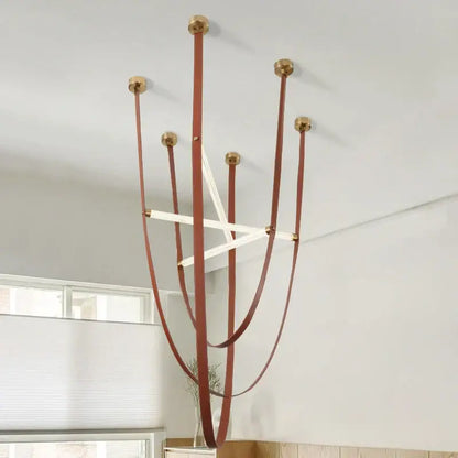 Modern red leather and brass led minimalist chandelier living room