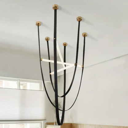 Modern red leather and brass led minimalist chandelier living room