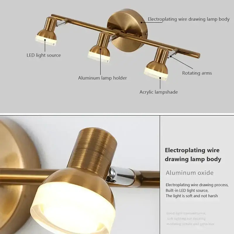 Brass led mirror headlight wall lamp for bathroom adjustable spotlights