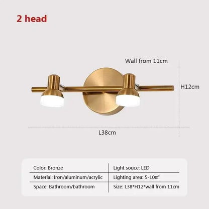 Brass led mirror headlight wall lamp for bathroom adjustable spotlights