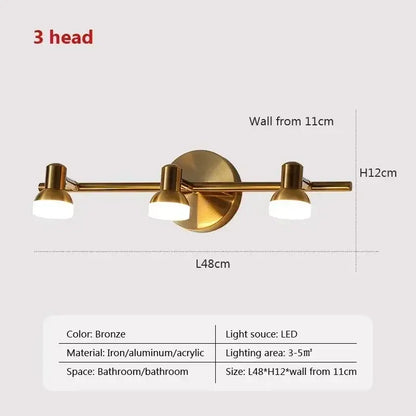 Brass led mirror headlight wall lamp for bathroom adjustable spotlights