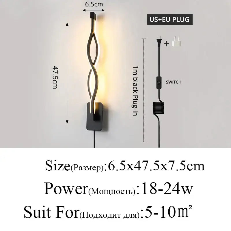 Modern black & gold twisted led modern wall lamp for bedroom