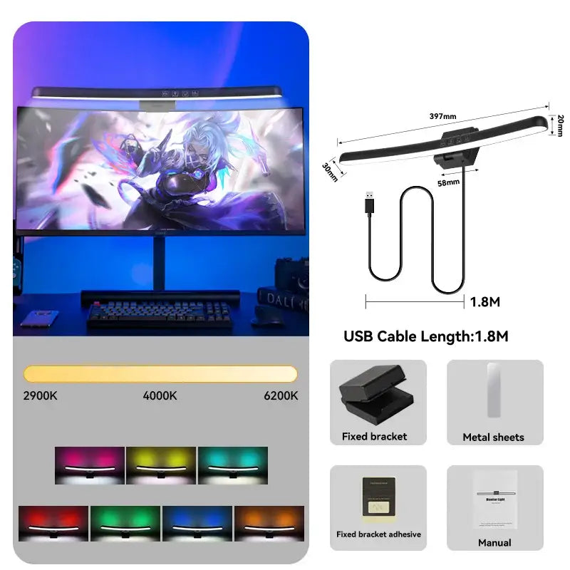 Sleek black rgb led monitor bar desk lamp for office gaming setup