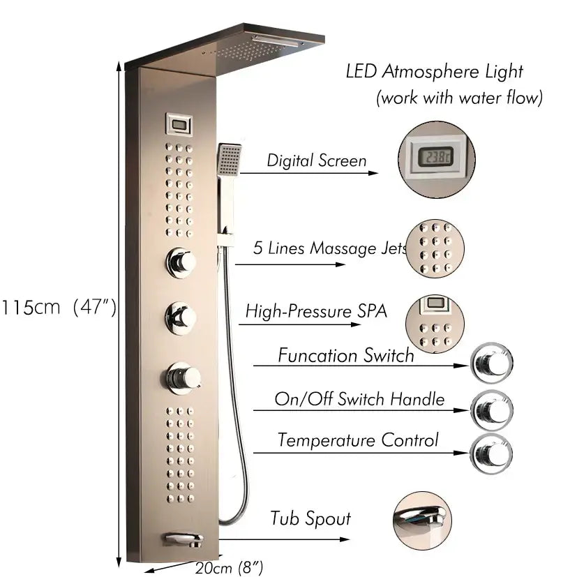 Modern chrome led panel bath faucet with massage spa jets bathroom