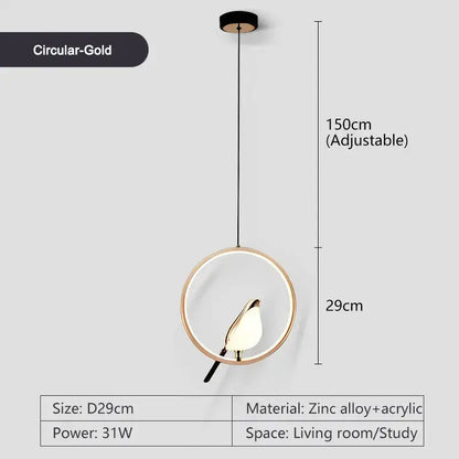 Modern minimalist gold & black bird led pendant lamp bedroom light