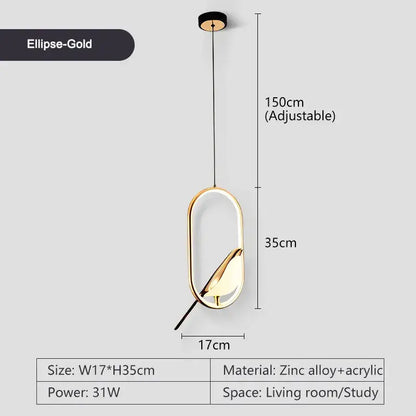 Modern minimalist gold & black bird led pendant lamp bedroom light