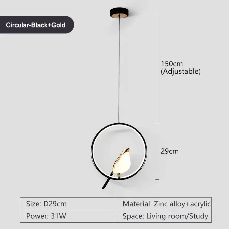 Modern minimalist gold & black bird led pendant lamp bedroom light