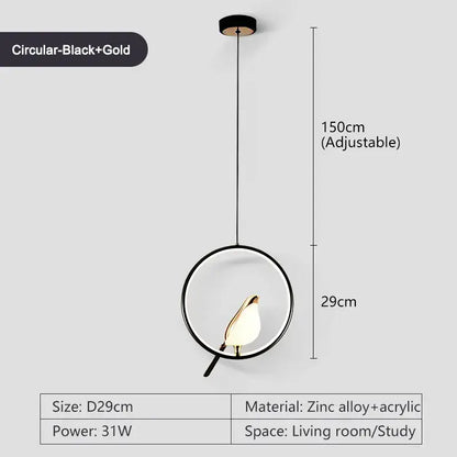 Modern minimalist gold & black bird led pendant lamp bedroom light