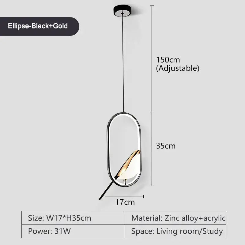 Modern minimalist gold & black bird led pendant lamp bedroom light