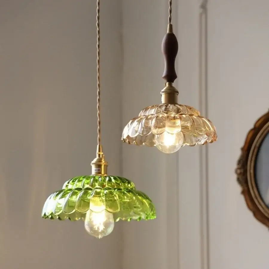 Mid century green glass and walnut led pendant lamp dining room