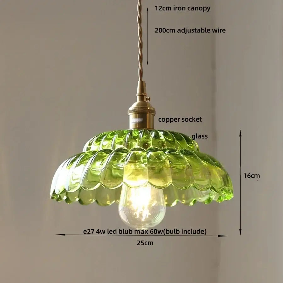 Mid century green glass and walnut led pendant lamp dining room