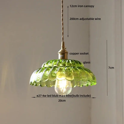 Mid century green glass and walnut led pendant lamp dining room