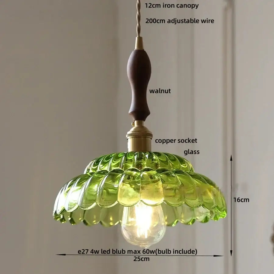 Mid century green glass and walnut led pendant lamp dining room
