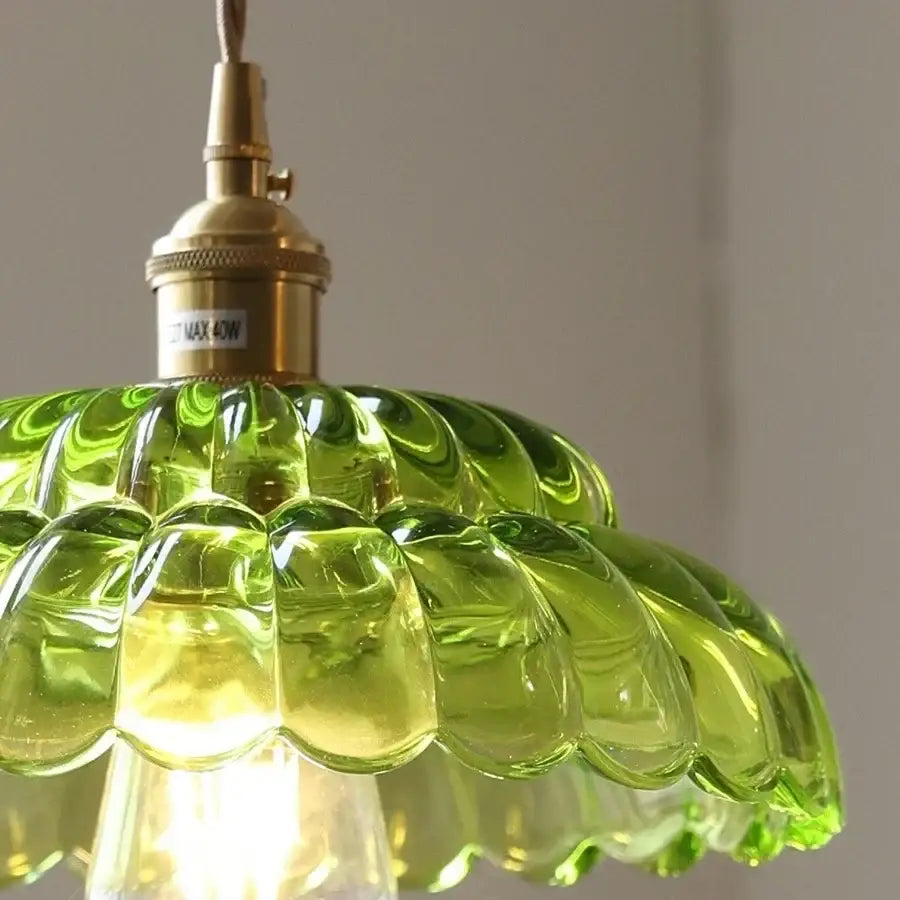 Mid century green glass and walnut led pendant lamp dining room