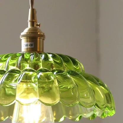 Mid century green glass and walnut led pendant lamp dining room