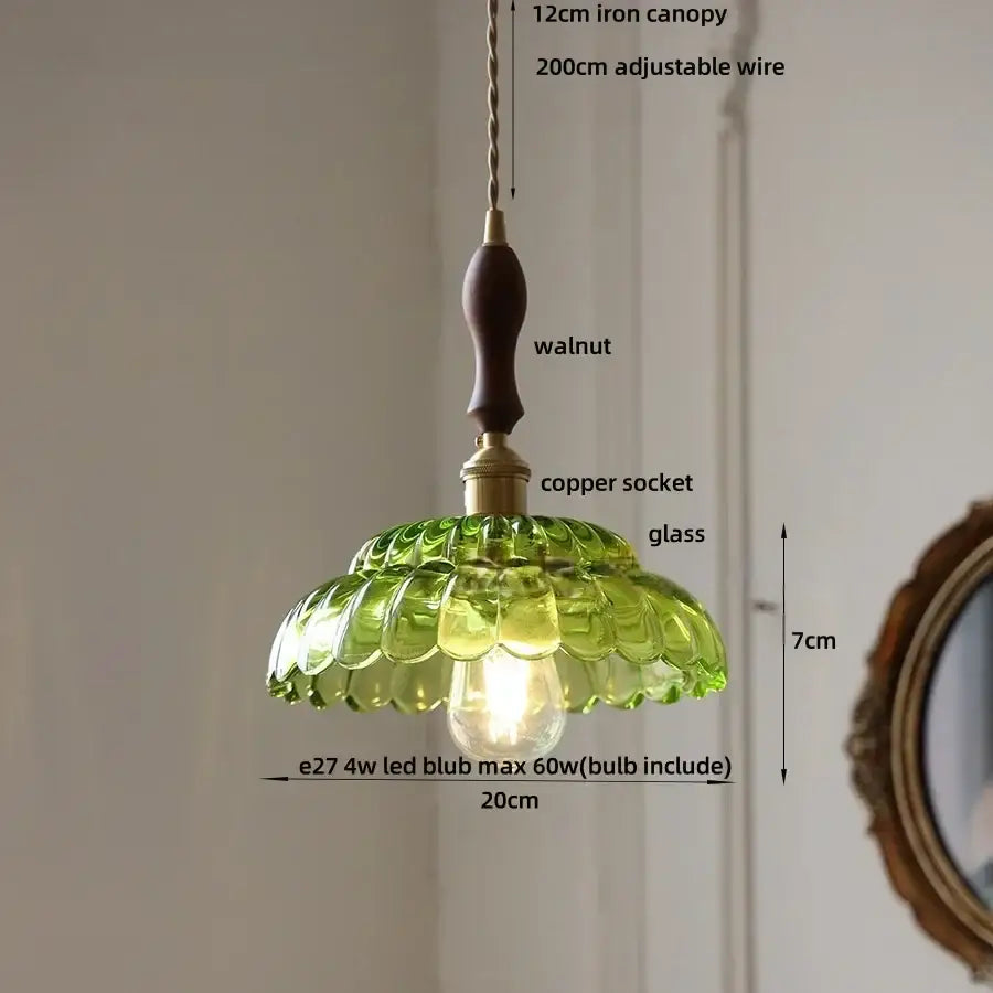 Mid century green glass and walnut led pendant lamp dining room