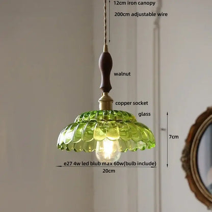 Mid century green glass and walnut led pendant lamp dining room