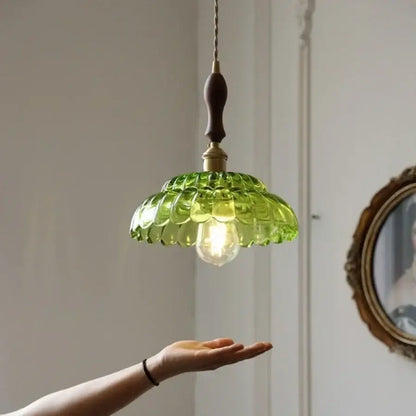 Mid century green glass and walnut led pendant lamp dining room