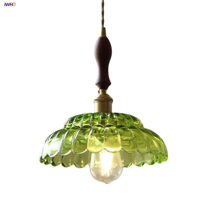 Mid century green glass and walnut led pendant lamp dining room