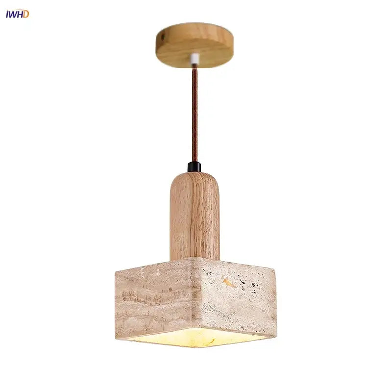 Nordic yellow travertine stone and wood pendant light dining room