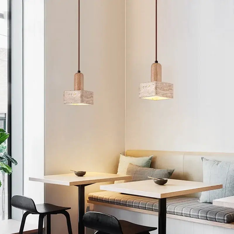 Nordic yellow travertine stone and wood pendant light dining room