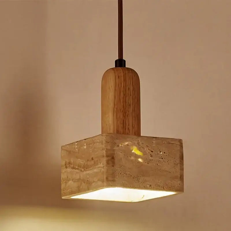 Nordic yellow travertine stone and wood pendant light dining room