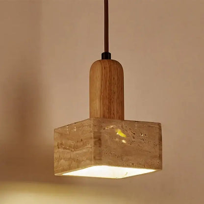 Nordic yellow travertine stone and wood pendant light dining room