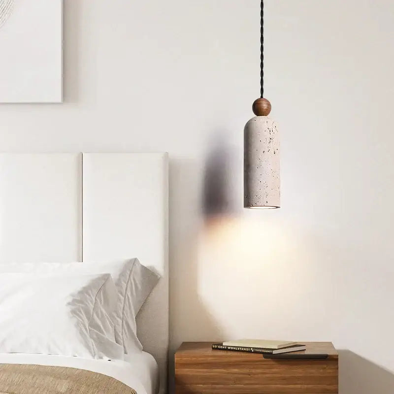 Minimalist off-white concrete and wood led pendant lamp dining room