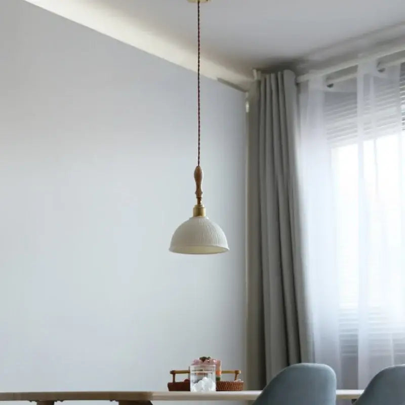 Japanese ribbed white ceramic led pendant light dining room ash wood