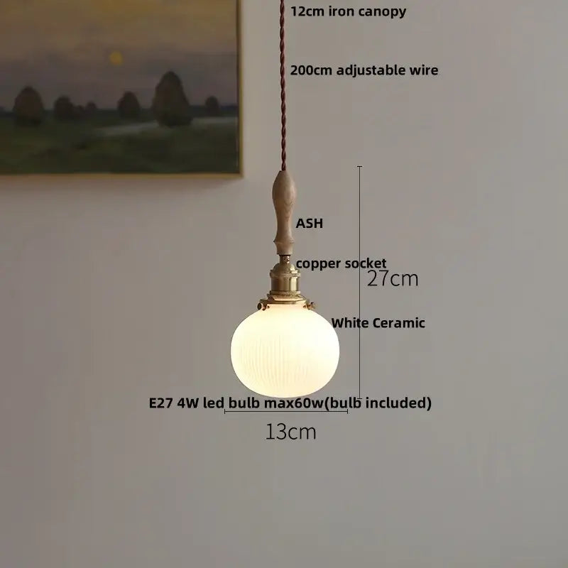 Japanese ribbed white ceramic led pendant light dining room ash wood