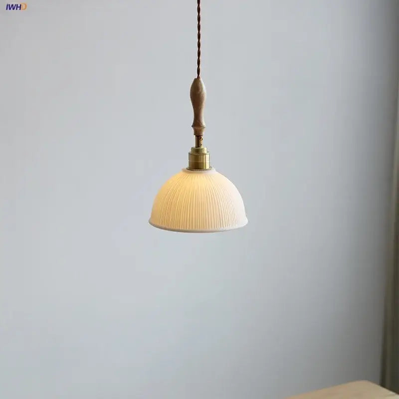 Japanese ribbed white ceramic led pendant light dining room ash wood