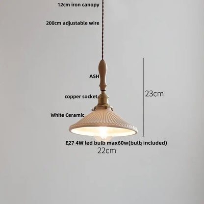 Japanese ribbed white ceramic led pendant light dining room ash wood