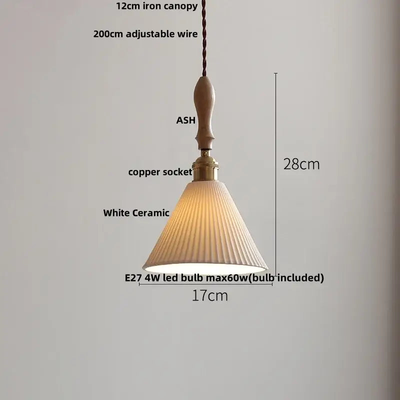 Japanese ribbed white ceramic led pendant light dining room ash wood