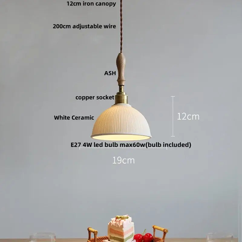 Japanese ribbed white ceramic led pendant light dining room ash wood