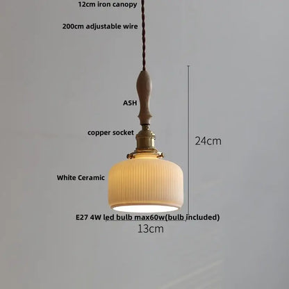 Japanese ribbed white ceramic led pendant light dining room ash wood