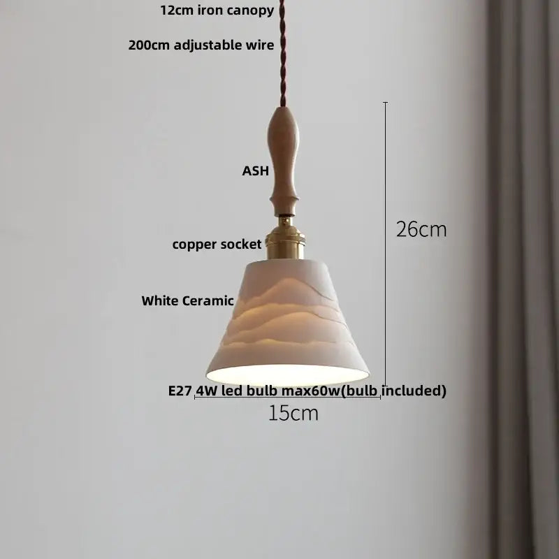 Japanese ribbed white ceramic led pendant light dining room ash wood