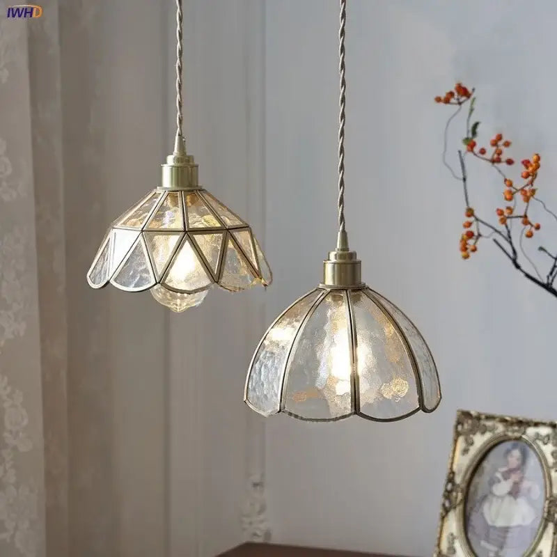 Vintage brass and textured glass pendant light fixture dining room