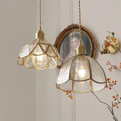 Vintage brass and textured glass pendant light fixture dining room