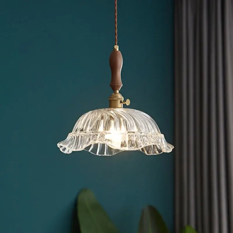 Modern patterned glass led pendant light kitchen wood and brass