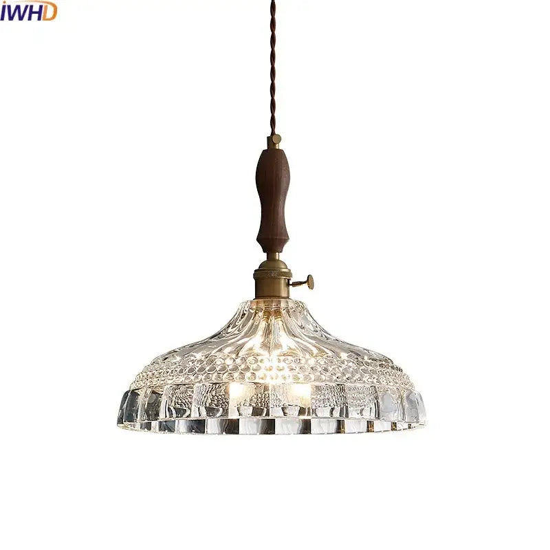 Modern patterned glass led pendant light kitchen wood and brass