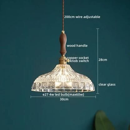 Modern patterned glass led pendant light kitchen wood and brass
