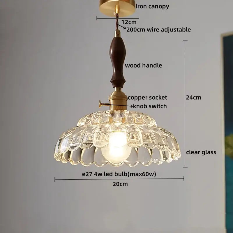 Modern patterned glass led pendant light kitchen wood and brass