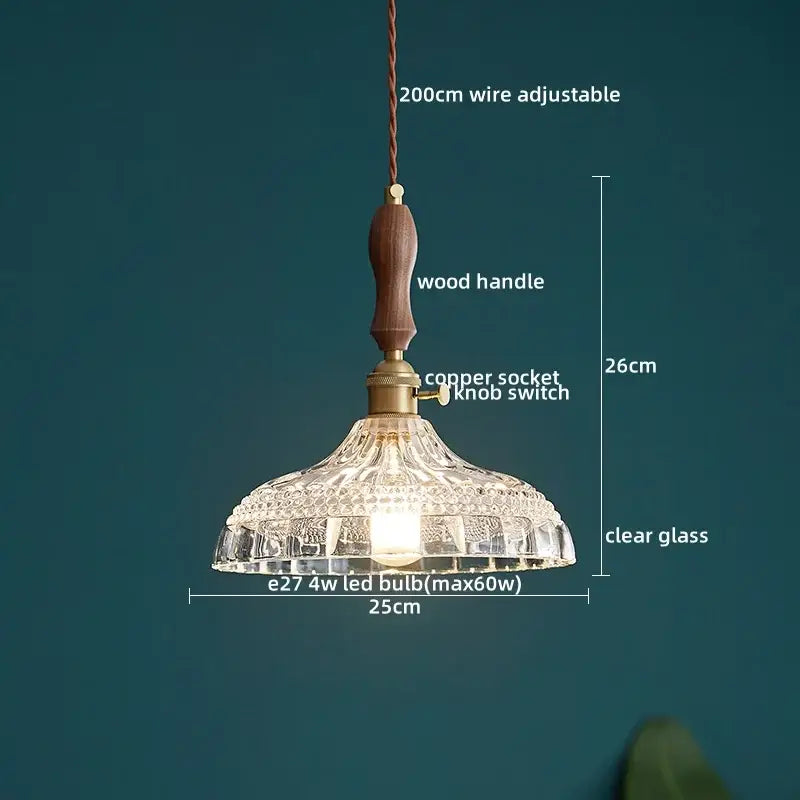 Modern patterned glass led pendant light kitchen wood and brass