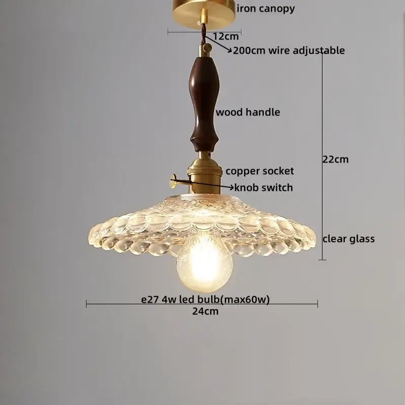 Modern patterned glass led pendant light kitchen wood and brass