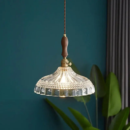 Modern patterned glass led pendant light kitchen wood and brass
